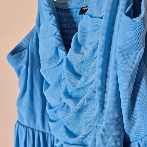 NWT Torrid Mesh Spaghetti Strap Ruched Bust Maxi Dress Blue Size 12 Large Flowy - Picture 5 of 7